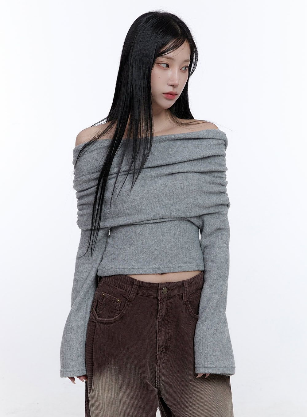 off-shoulder-cropped-sweater-cd416 / Gray