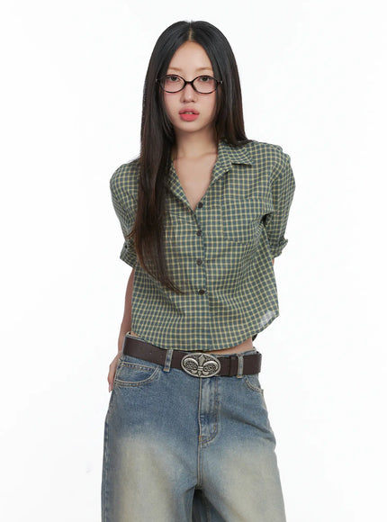 gingham-button-up-blouse-cs502 / Green