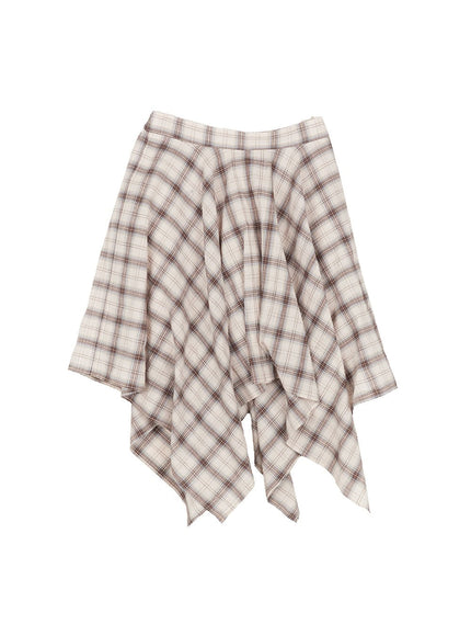 checkered-layering-handkerchief-midi-skirt-cm510 / Light beige