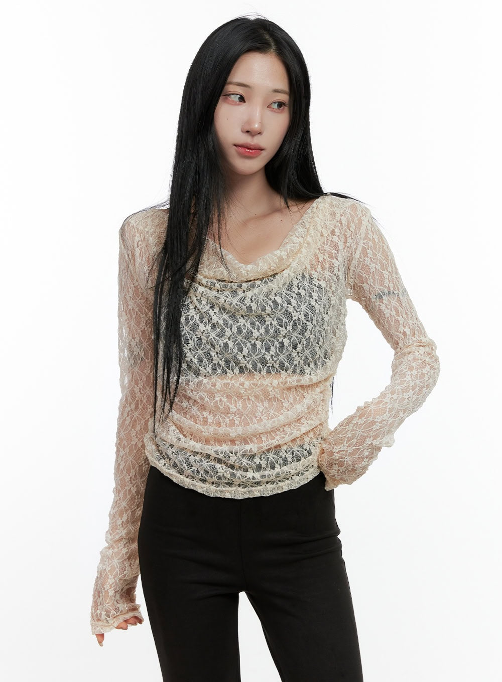 see-through-spandex-lace-long-sleeve-tee-cn408 / Light beige