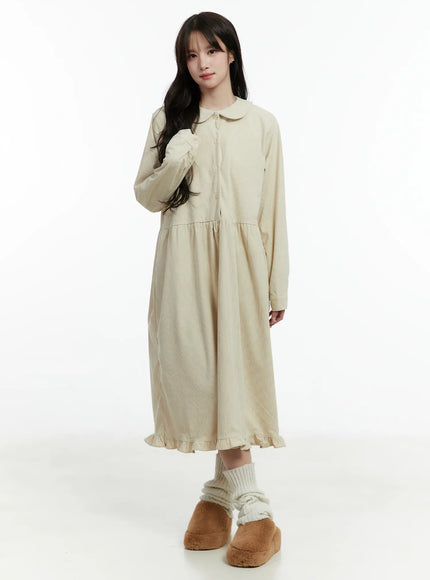 collared-corduroy-long-sleeve-maxi-dress-cd523 / Light beige