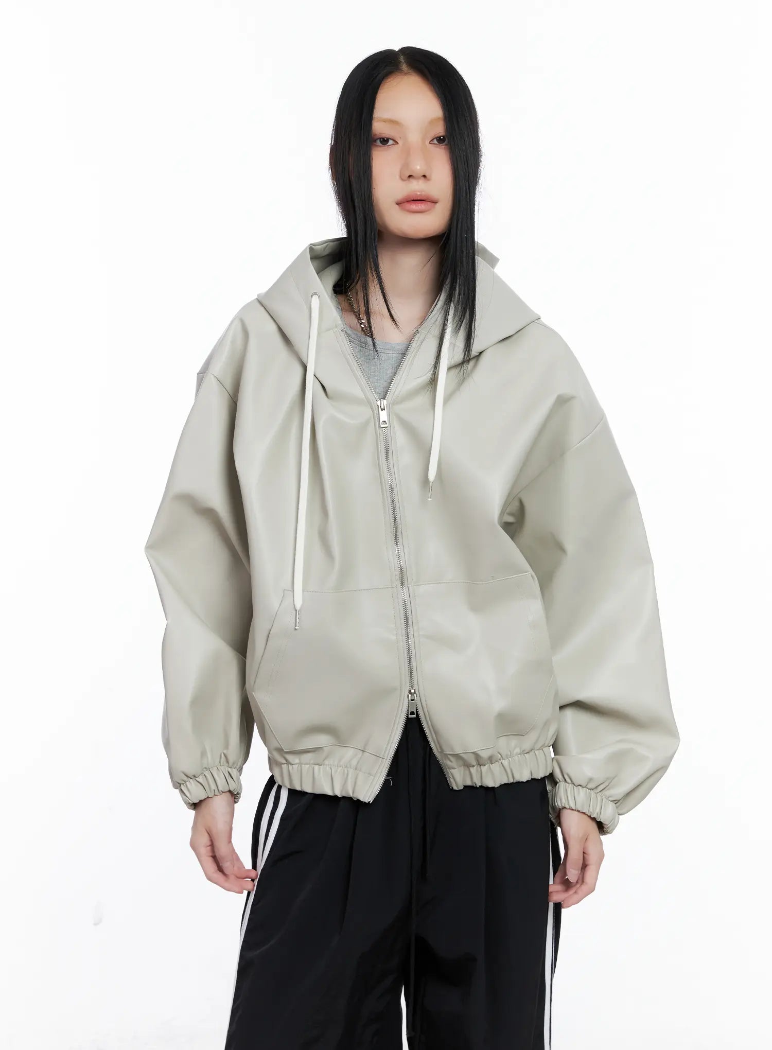 oversized-hooded-faux-leather-jacket-cs510 / Light beige
