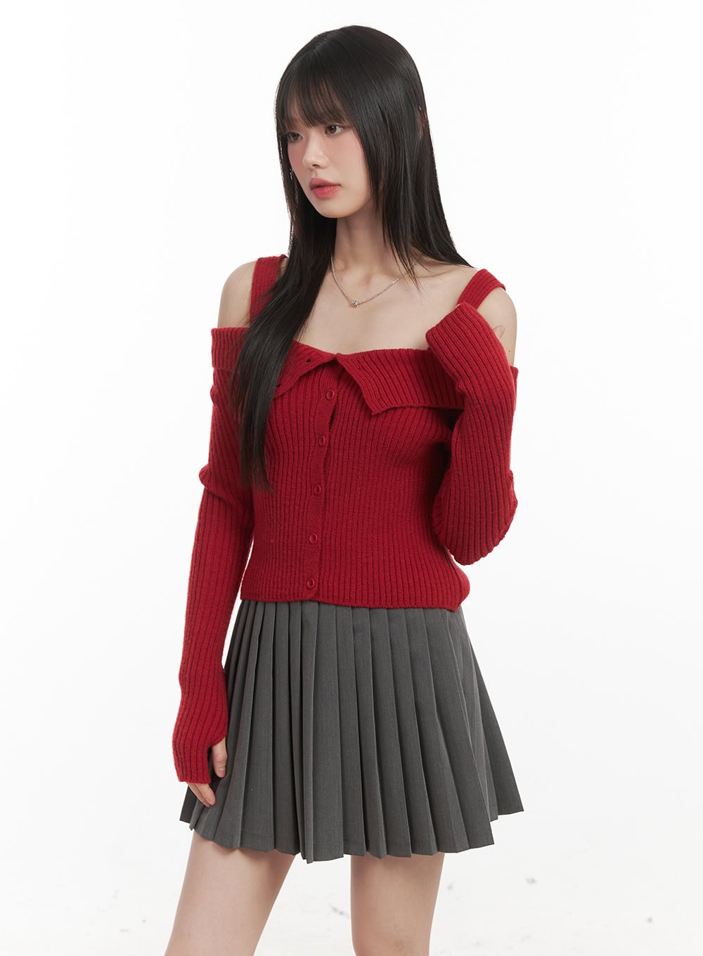 ribbed-button-down-off-shoulder-sweater-cj528 / Red