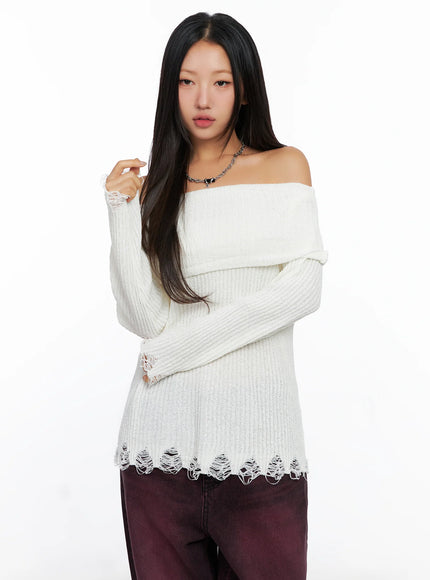 off-shoulder-distressed-knit-top-co514 / White