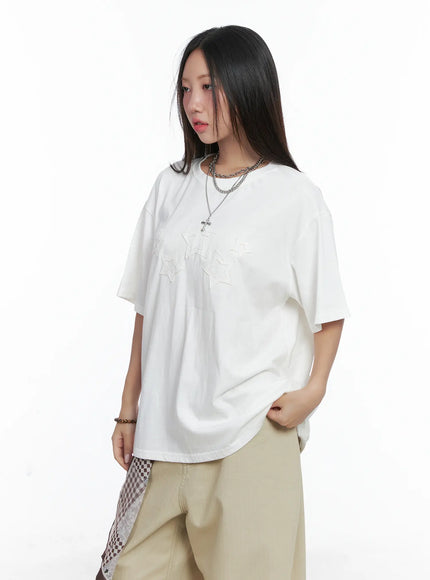 oversized-embroidered-star-patch-tee-cs503 / White