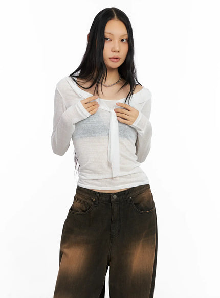 off-shoulder-sheer-long-sleeve-top-co529 / White