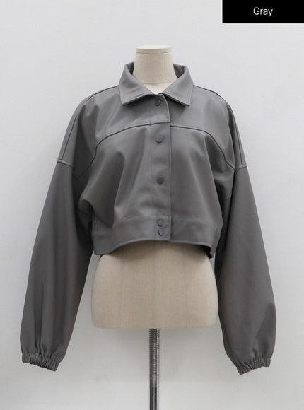Faux Leather Button Crop Jacket OO26