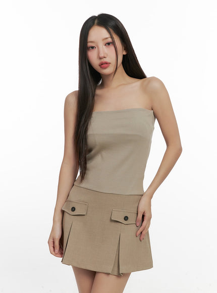 pocketed-pleated-tube-top-mini-dress-cn419 / Beige