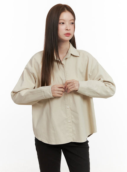 basic-cotton-button-up-top-od418 / Beige