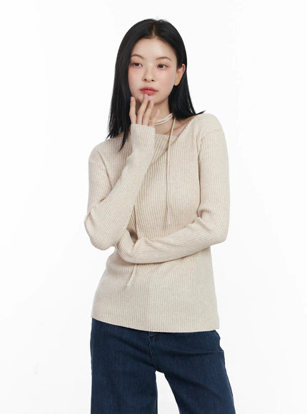 ribbed-knit-long-sleeve-top-with-tie-detail-cj520 / Beige