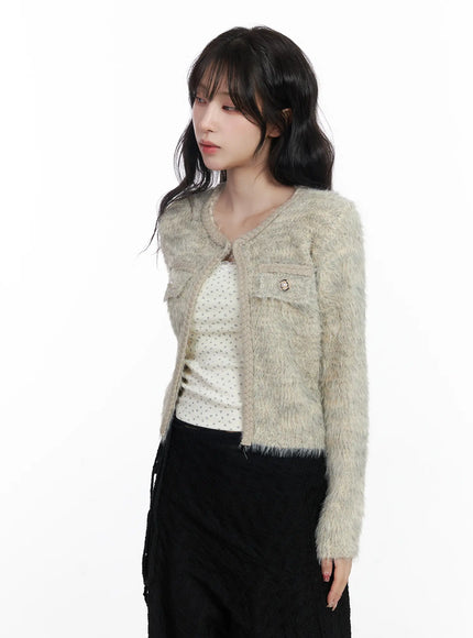 fuzzy-angora-tweed-cardigan-cj526 / Beige