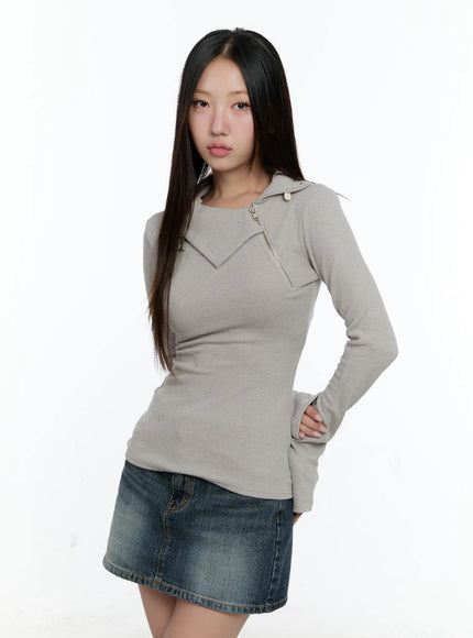 zipper-detail-rib-knit-long-sleeve-cs517 / Beige