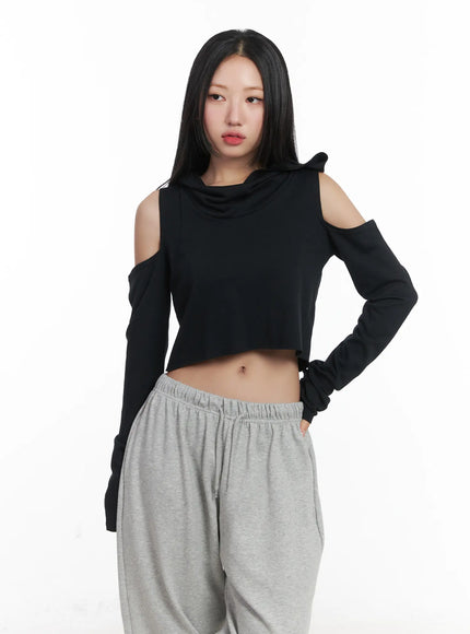 Cut-Out Crop Hood Long Sleeve Top CD529