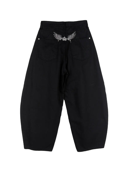 angel-back-embroidered-wide-leg-beige-cotton-pants-cs511 / Black