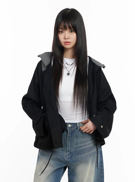 two-tone-short-trench-hooded-jacket-cm512 / Black