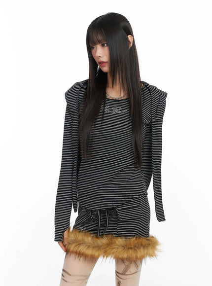 striped-embroidered-long-sleeve-hoodie-cd518 / Black