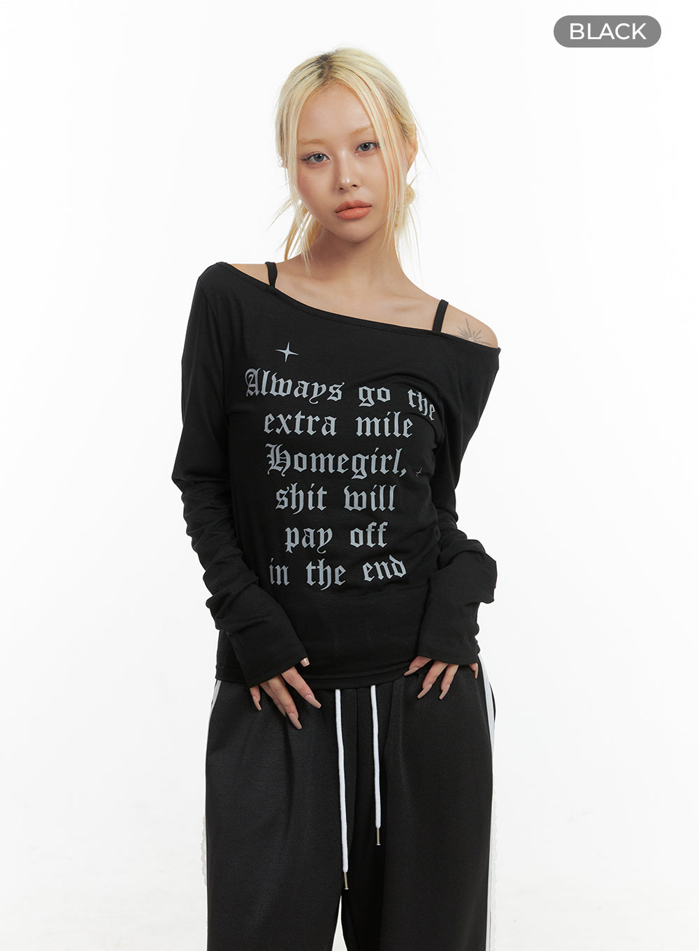 chic-off-shoulder-letter-print-top-co415 / Black