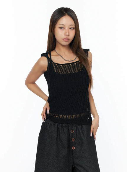 sheer-summer-knit-sleeveless-top-ca517 / Black