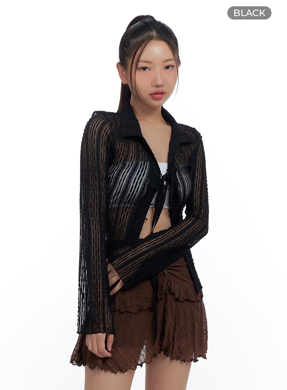 sheer-strap-corset-style-crop-cardigan-cs424 / Black