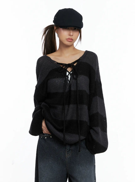 striped-lace-up-long-sleeve-knit-top-cs505 / Black