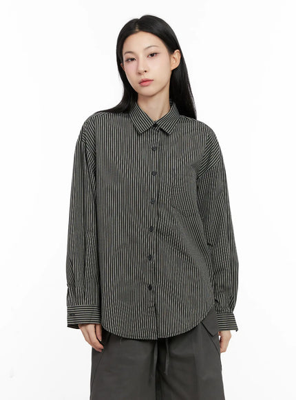 relaxed-fit-striped-button-up-long-sleeve-shirt-cg526 / Black