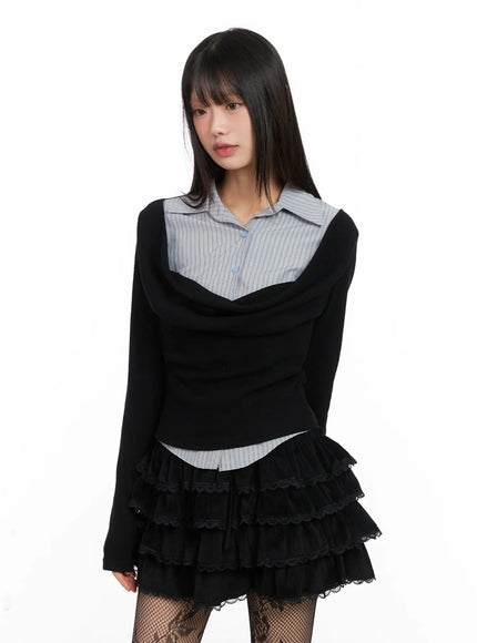 layered-striped-long-sleeve-top-cn520 / Black
