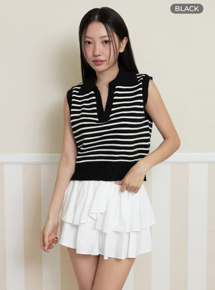 stripe-collar-sleeveless-knit-top-oy427 / Black