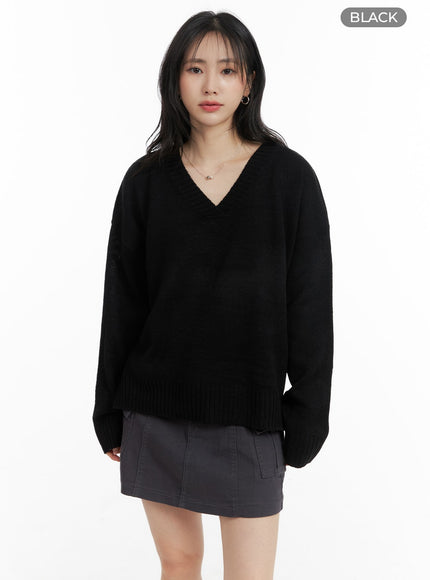 cozy-v-neck-wool-sweater-om408 / Black