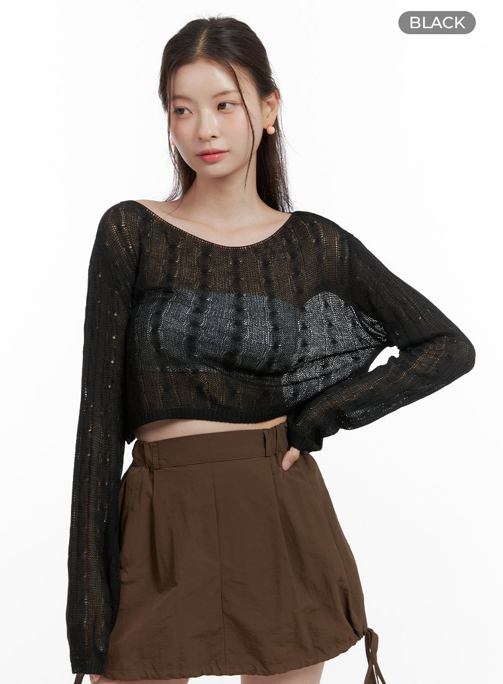 cable-knit-sheer-crop-sweater-ol417 / Black