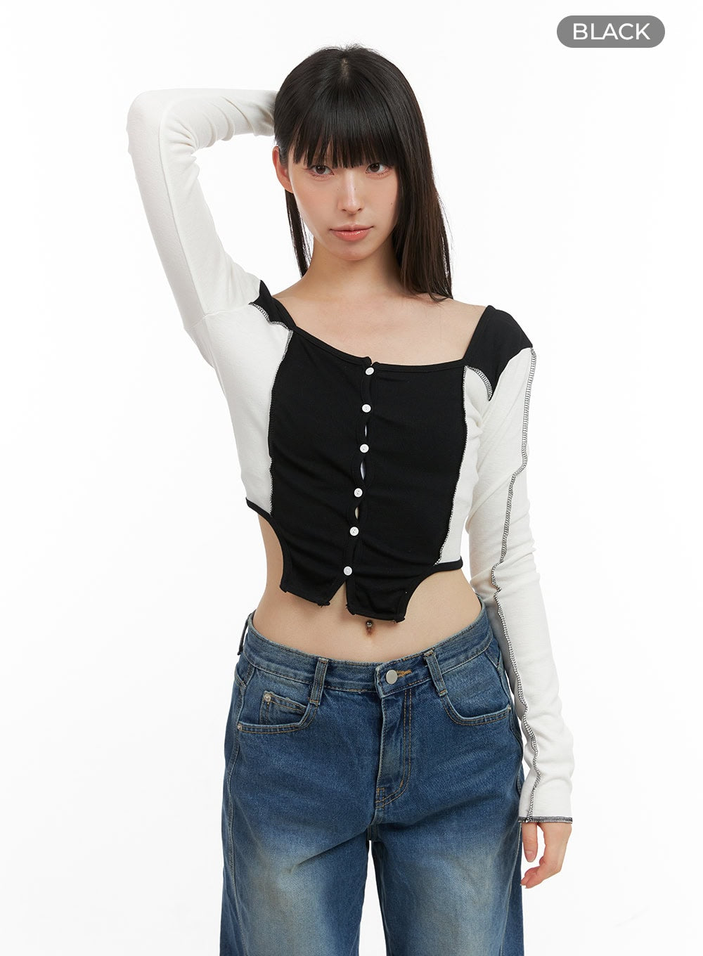 contrasting-long-sleeve-crop-top-cg420 / Black