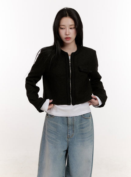 elegant-tweed-zip-up-crop-jacket-cj529 / Black