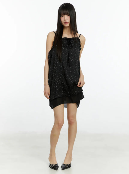 ruffle-trim-polka-dot-mini-dress-cf510 / Black