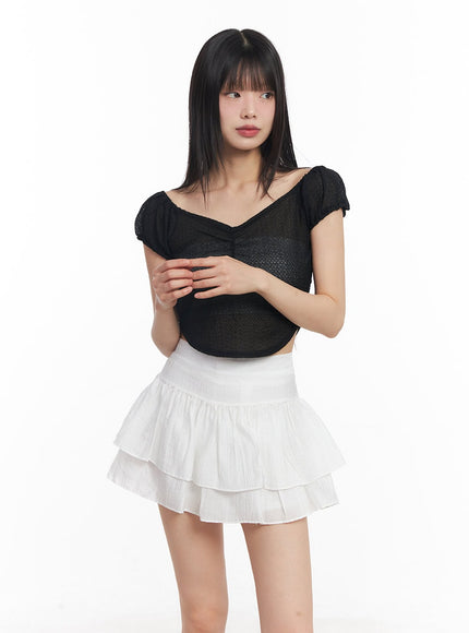 sheer-v-neck-crop-top-cy514 / Black
