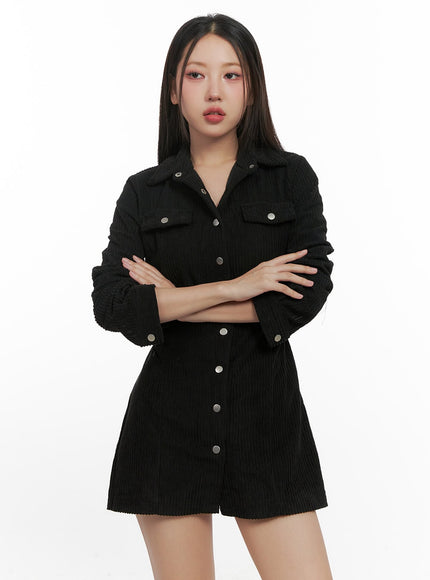 solid-buttoned-corduroy-mini-dress-cn415 / Black