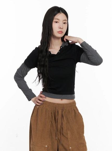 layered-colorblock-hooded-long-sleeve-cn512 / Black