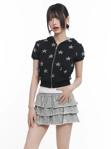 star-print-short-sleeve-hoodie-cu518 / Black
