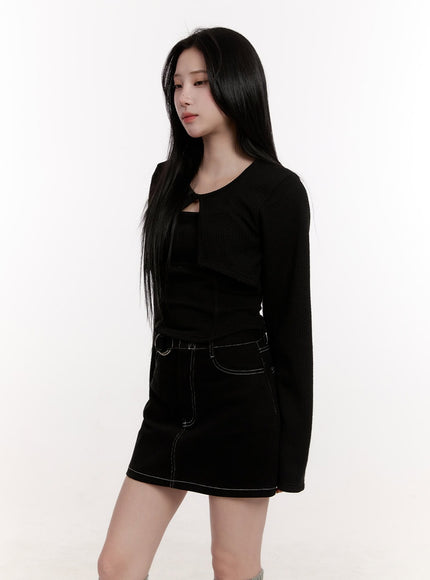 crop-cardigan-layered-top-set-cj529 / Black