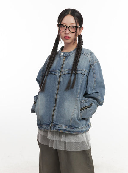 Stitched Button-Neck Oversized Denim Jacket CF526