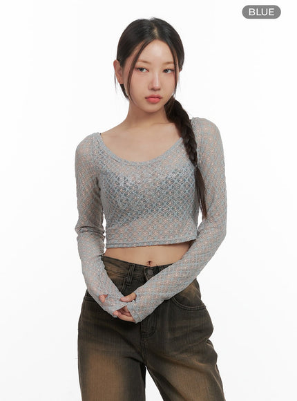 lettering-mesh-crop-long-sleeve-tee-co404 / Blue