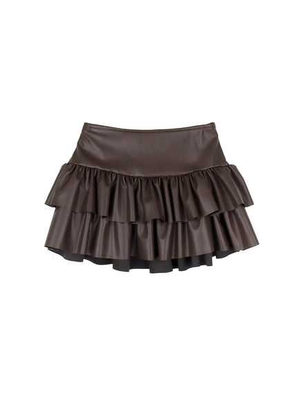 faux-leather-ruffle-mini-skirt-cd522 / Brown