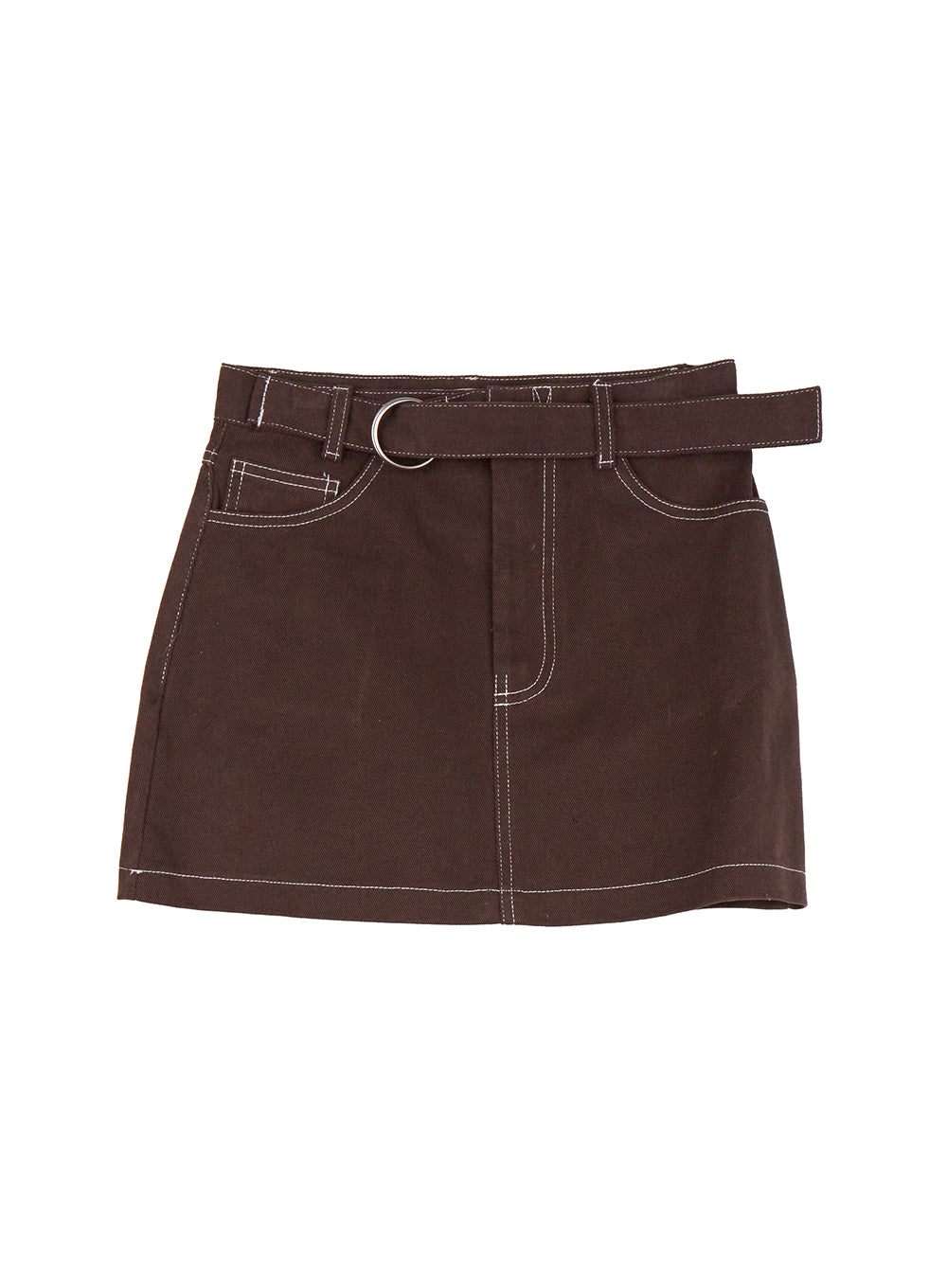 buckle-stitched-denim-mini-skirt-cj529 / Brown