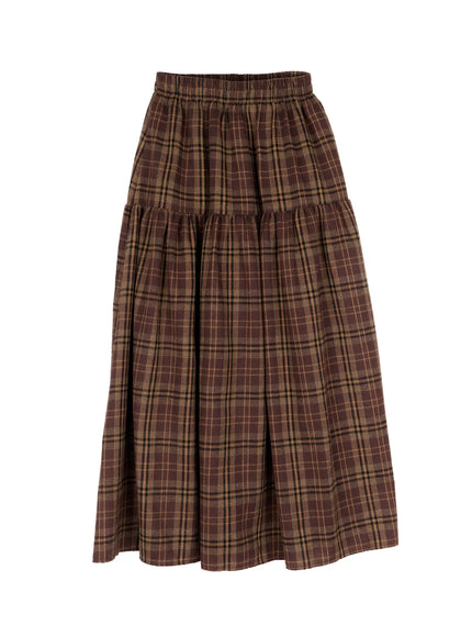 plaid-frill-maxi-skirt-cn527 / Brown