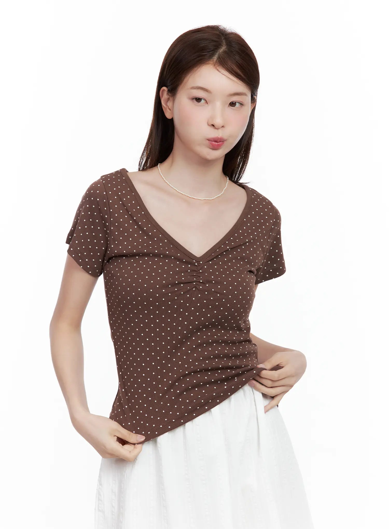 polka-dot-shirred-v-neck-top / Brown