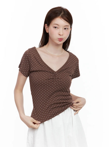 polka-dot-shirred-v-neck-top / Brown