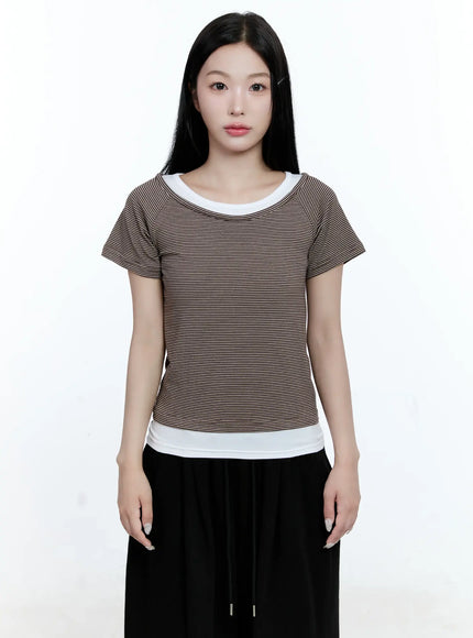 striped-layered-short-sleeve-tee-cg513 / Brown
