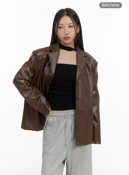 oversized-button-faux-leather-jacket-co404 / Brown