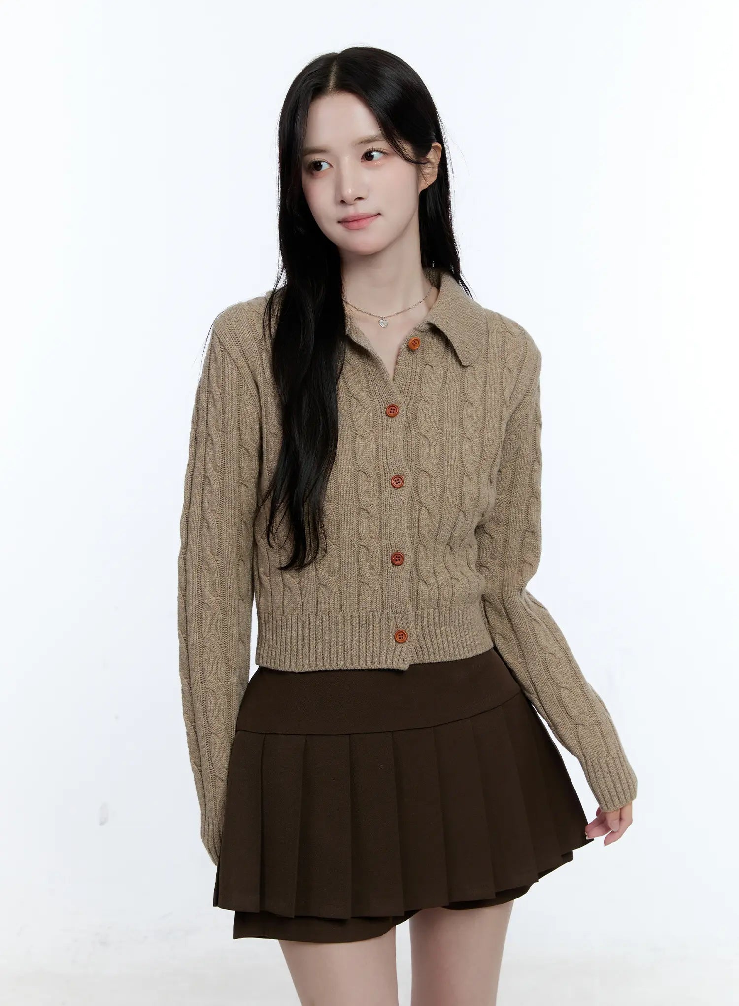 button-up-collared-cable-knit-cardigan-cg514 / Brown