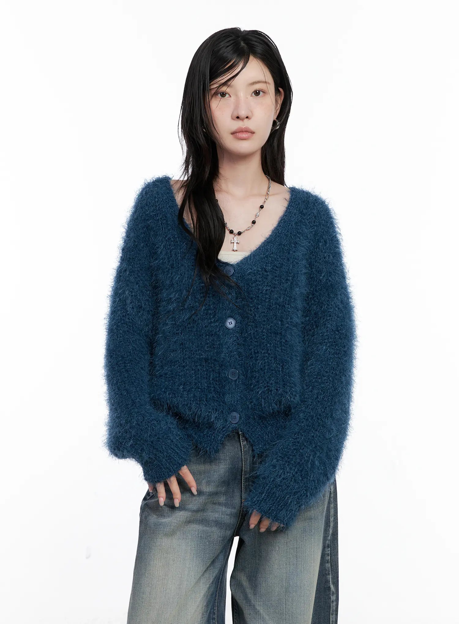 fuzzy-knit-cardigan-cs526 / Dark blue