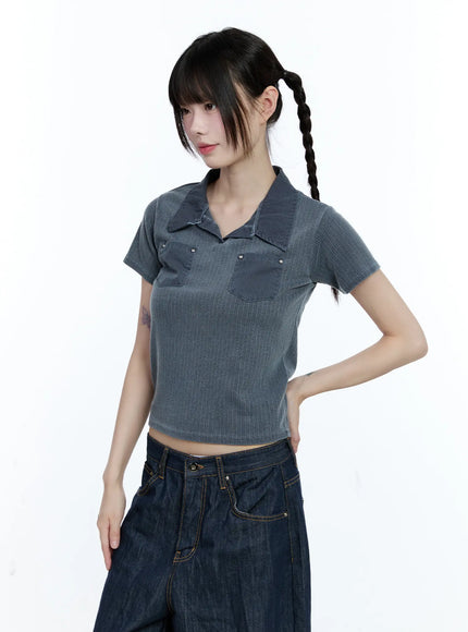 studded-pocket-collared-tee-cg511 / Dark blue