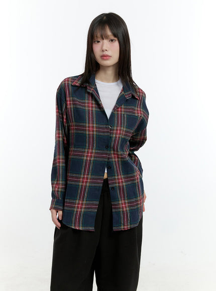 loose-fit-checkered-buttoned-shirt-cf507 / Dark blue
